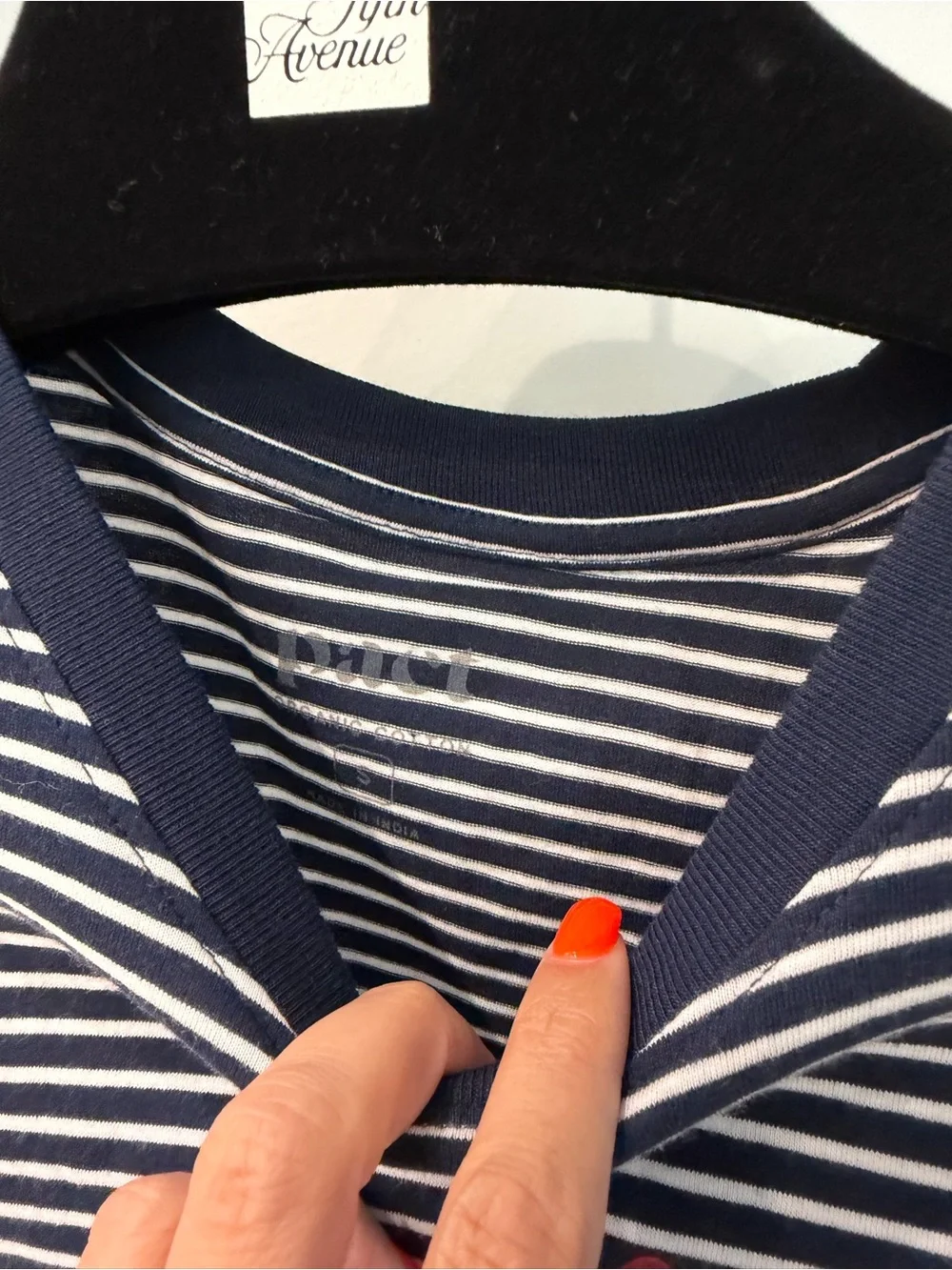 Pact Navy & White Striped Tee with Red Script